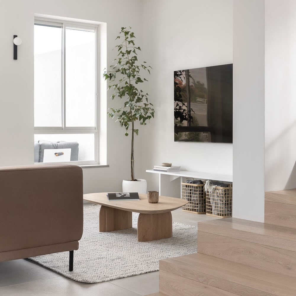 סלון בעיצוב נקי ונינוח, עם פריטים מדויקים שיוצרים תחושת שקט והרמוניה – כמו שולחן עץ, שטיח בהיר וצמח ירוק