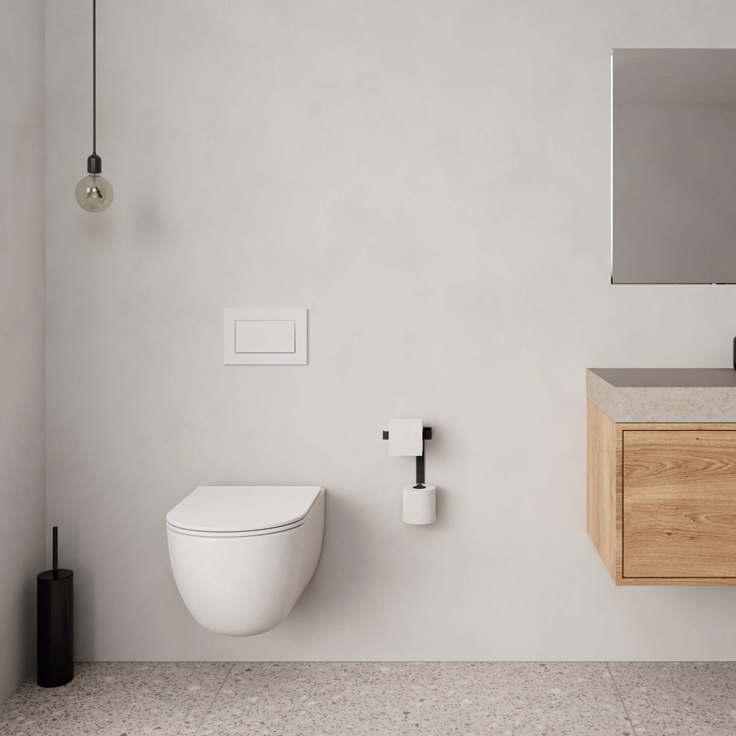 מתקן לנייר טואלט מעוצב בשירותים מודרניים בעיצוב מינימליסטי